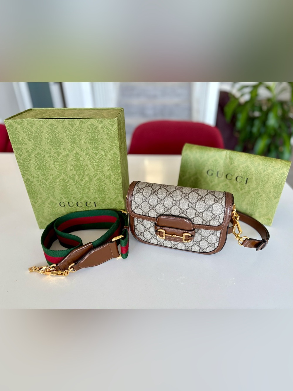 Gucci Beige GG Canvas Crossbody with Brown Leather and Green-Red Strap
